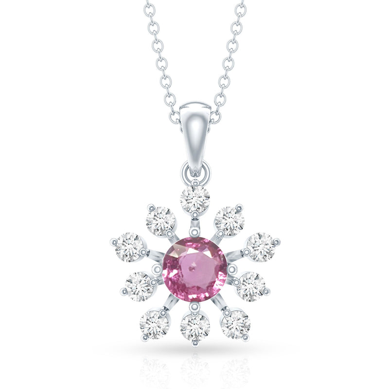 Genuine 0.58 carat pink sapphire and diamond flower pendant necklace by Rosec Jewels, featuring a delicate floral design.