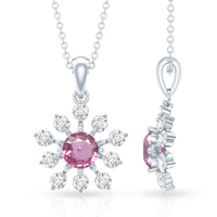 Genuine 0.58 carat pink sapphire and diamond flower pendant necklace by Rosec Jewels featuring a delicate floral design.