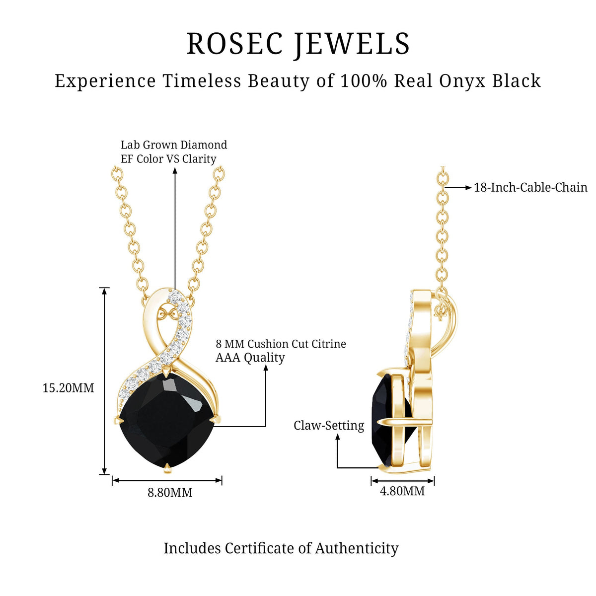 Cushion Cut 2 Carat Black Onyx Infinity Pendant Necklace with Lab Diamond