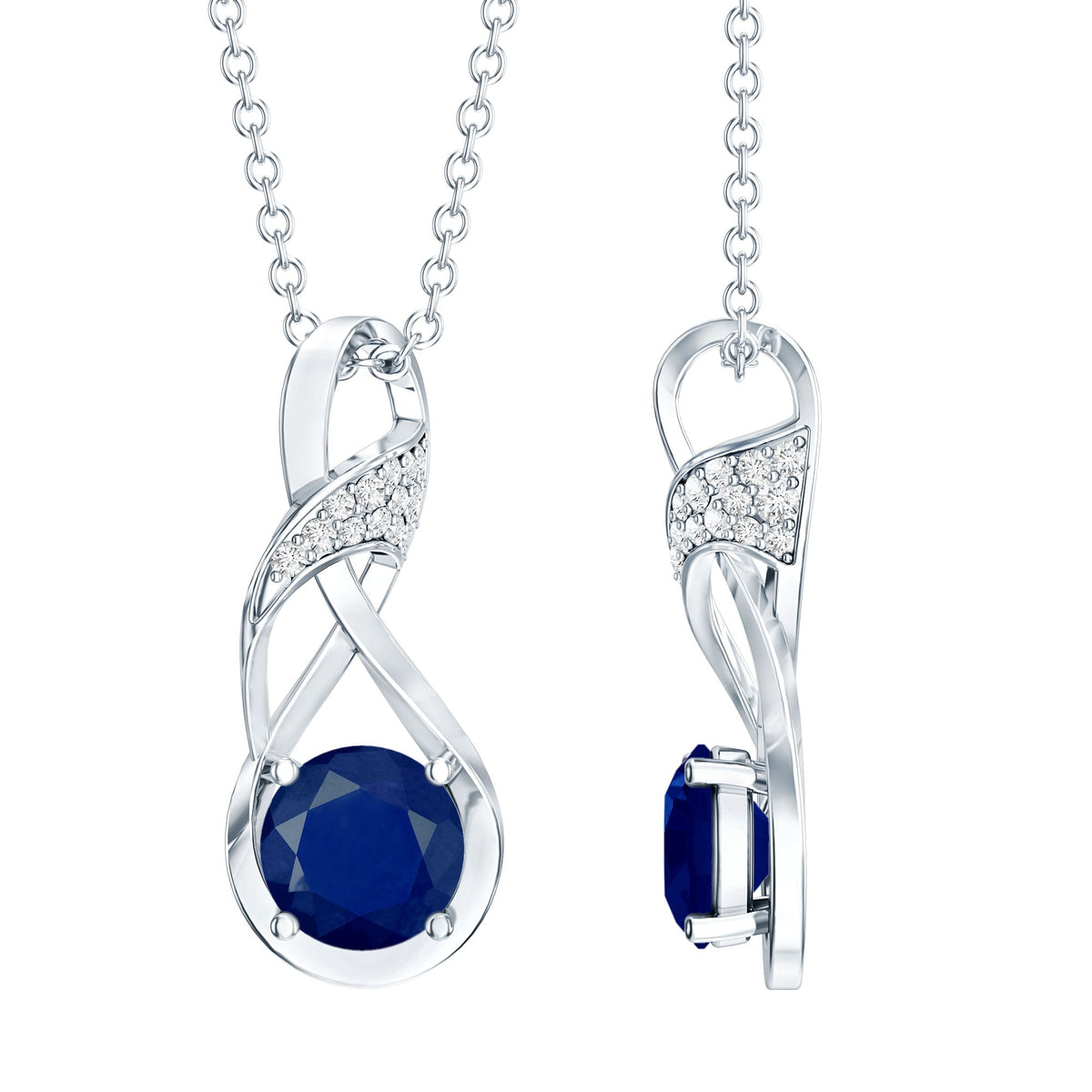 Natural 1 Carat Blue Sapphire infinity pendant on silver chain by Rosec Jewels, showcasing a sparkling blue sapphire and elegant design.