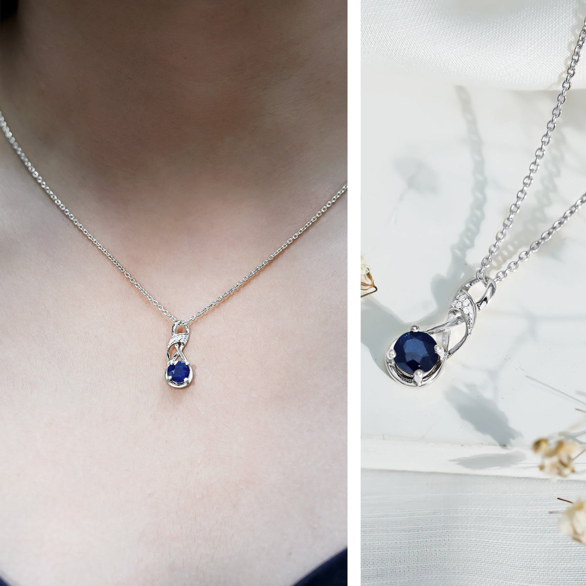 Natural 1 carat blue sapphire infinity pendant necklace with silver chain by Rosec Jewels, showcasing a sparkling sapphire design.