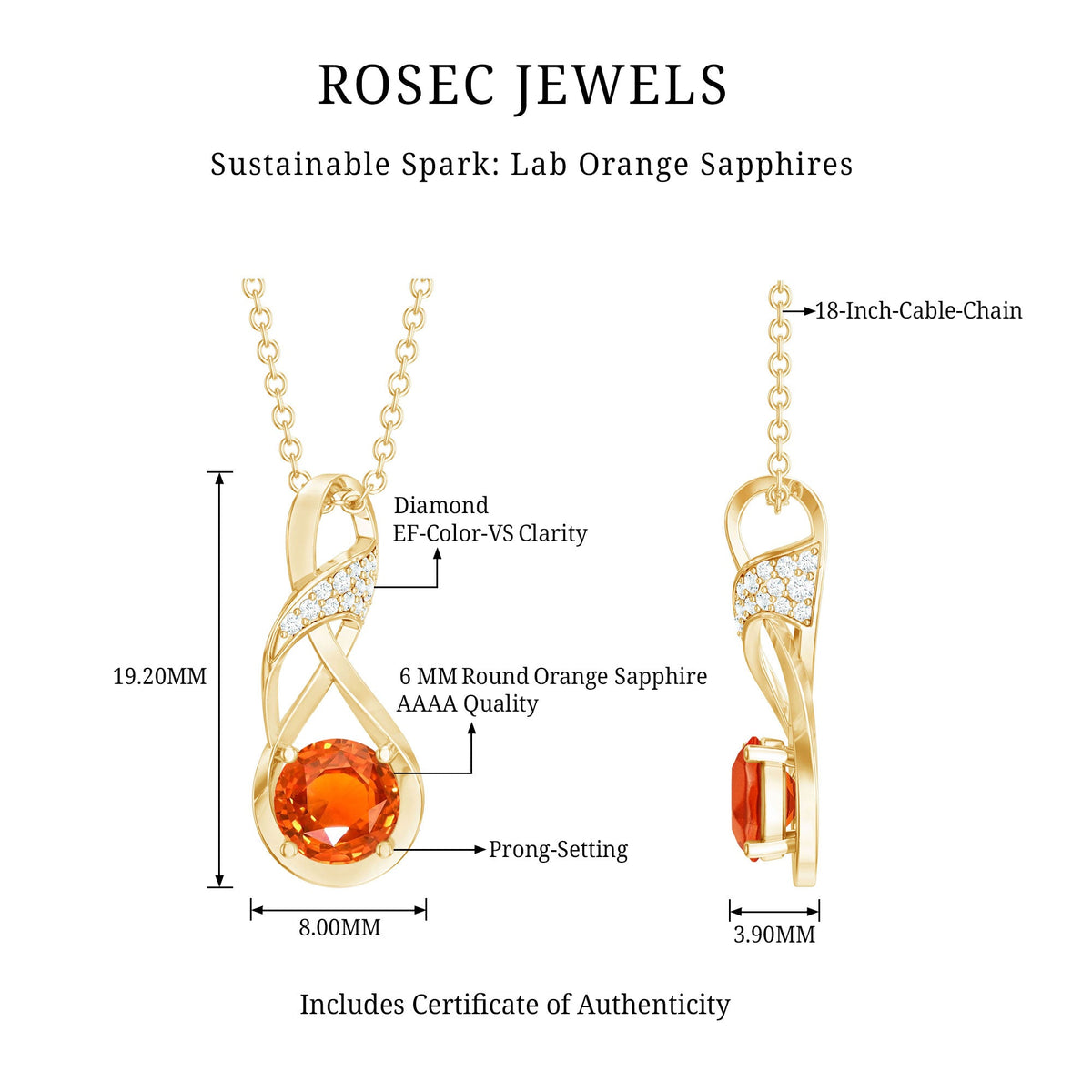 1 Carat Lab Grown Orange Sapphire Infinity Pendant Necklace with Diamond