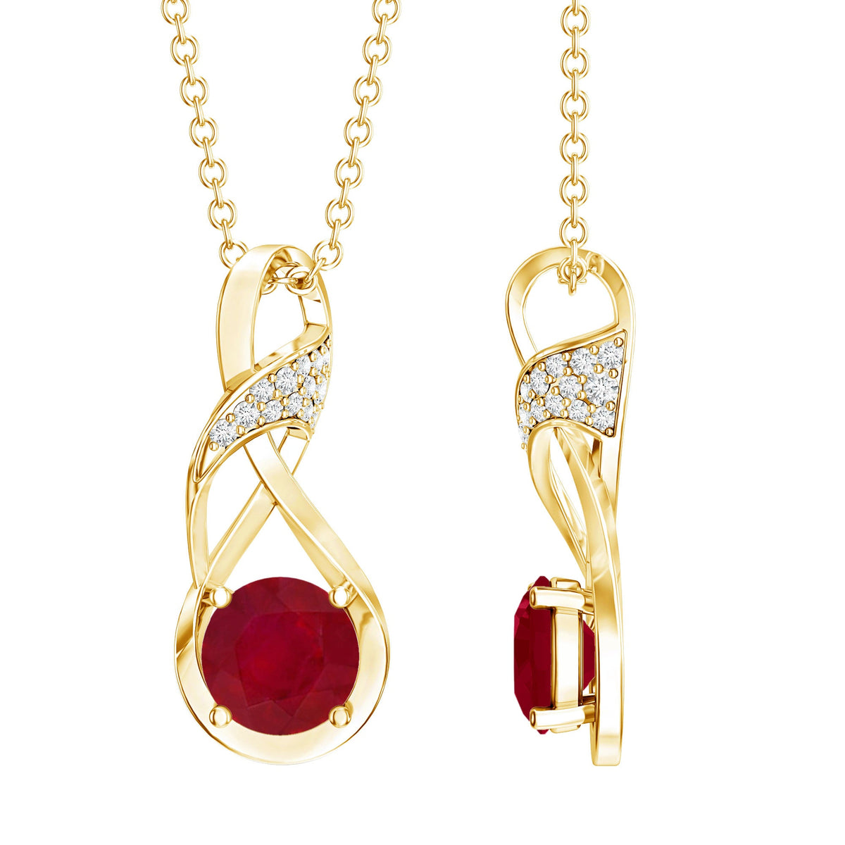 Natural 1.5 carat ruby and diamond infinity pendant on silver chain by Rosec Jewels, elegant jewelry for special occasions.
