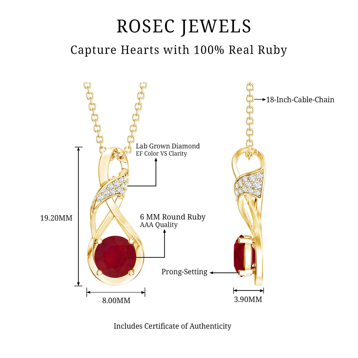 Natural 1.5 carat ruby and diamond infinity pendant necklace with silver chain by Rosec Jewels, showcasing elegant jewelry design.