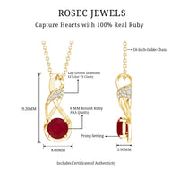 Natural 1.5 carat ruby and diamond infinity pendant necklace with silver chain by Rosec Jewels, showcasing elegant jewelry design.