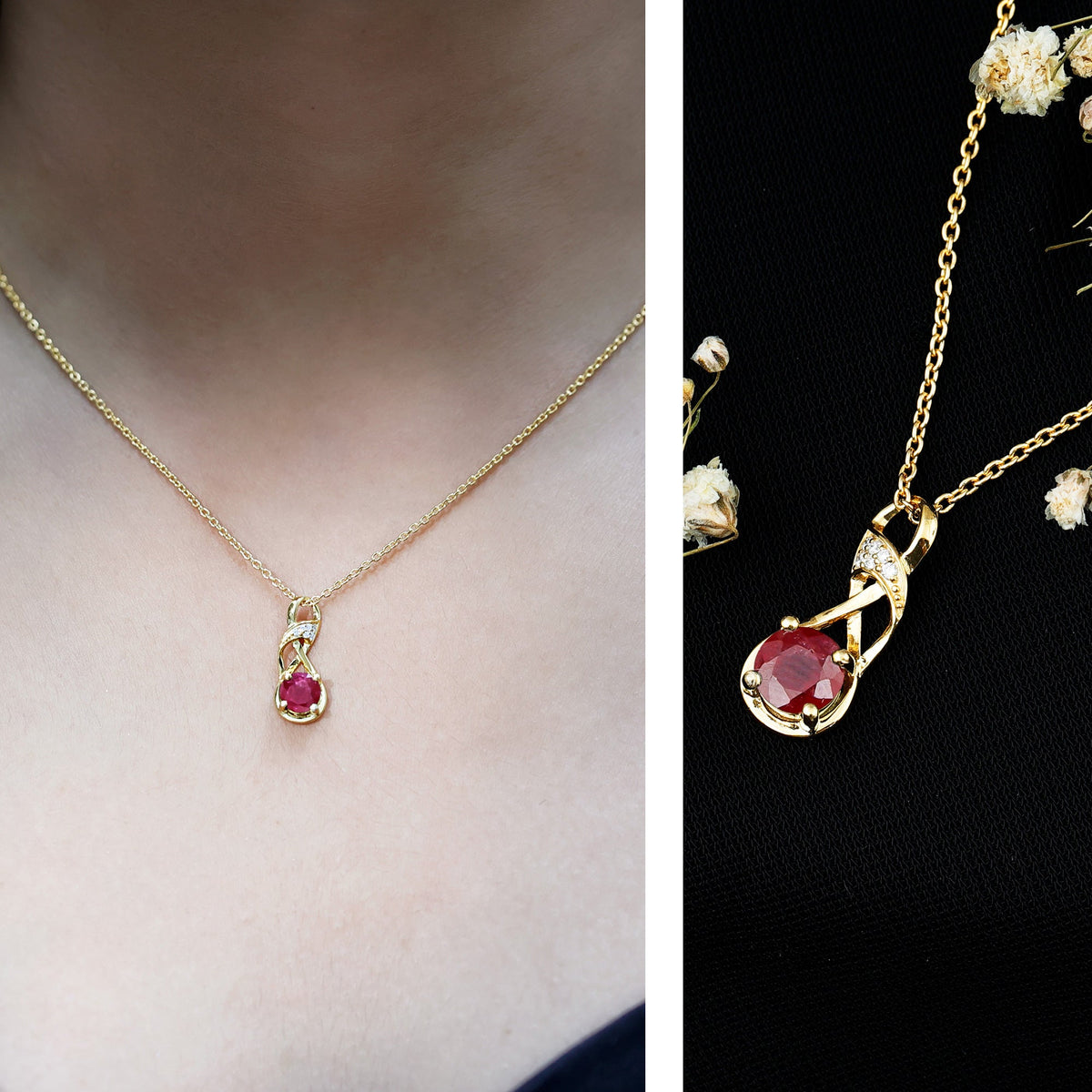 Natural 1.5 carat ruby and diamond infinity pendant with silver chain, elegant jewelry by Rosec Jewels