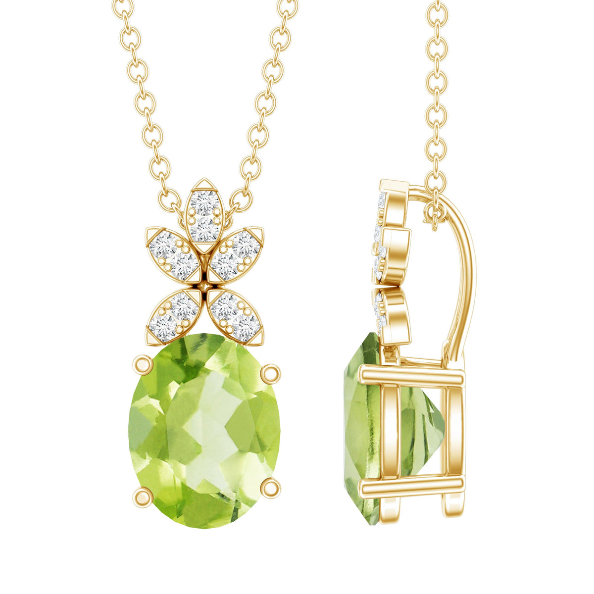Oval peridot and diamond flower pendant necklace for women by Rosec Jewels, showcasing vibrant green gemstones and elegant design.