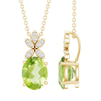 Oval peridot and diamond flower pendant necklace for women by Rosec Jewels, showcasing vibrant green gemstones and elegant design.