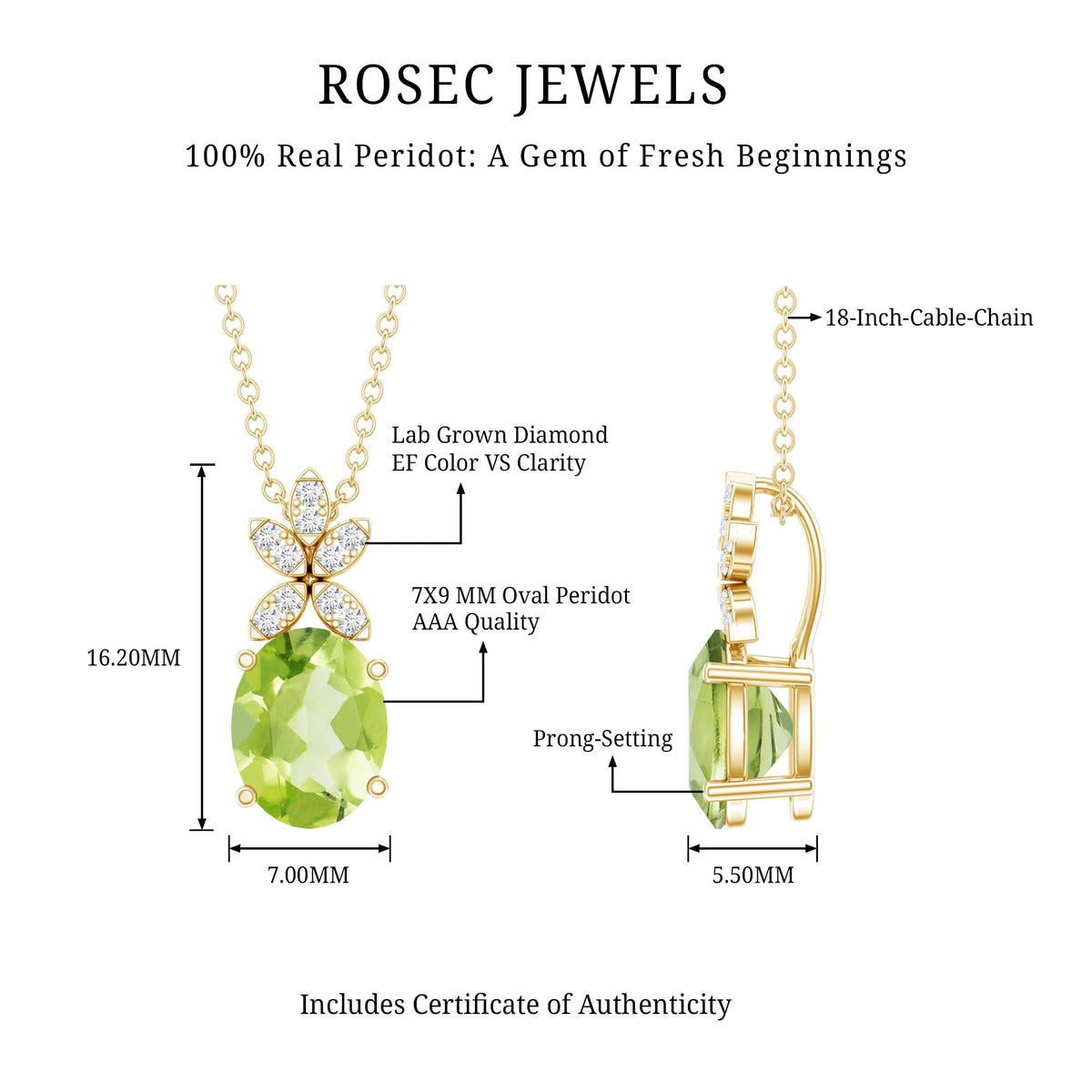 Oval peridot diamond flower pendant necklace for women featuring a 1.7 carat gemstone, elegant jewelry from Rosec Jewels.