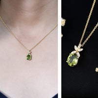 Oval peridot and diamond flower pendant necklace for women by Rosec Jewels, featuring a 1.7 carat gemstone design.