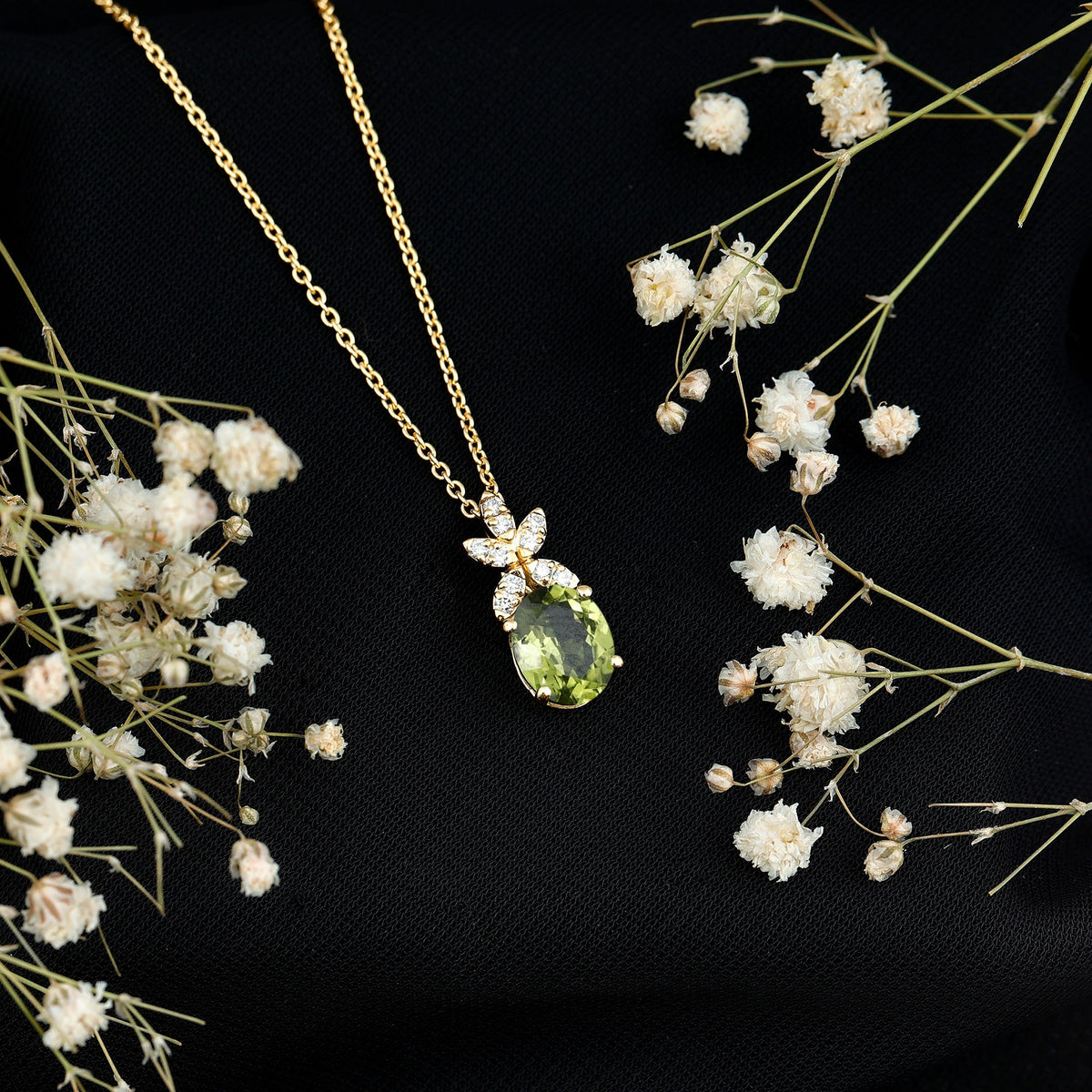 Oval peridot diamond flower pendant necklace for women with 1.7 carats, featuring elegant floral design by Rosec Jewels.