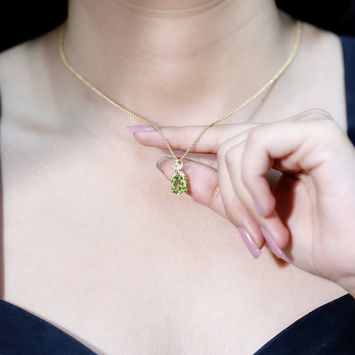 Oval 1.7 carat peridot diamond flower pendant necklace for women by Rosec Jewels with elegant floral design.