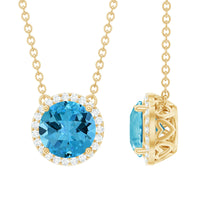 Natural 1.5 carat Swiss Blue Topaz pendant necklace with diamond halo from Rosec Jewels, featuring a sparkling blue gemstone and elegant design.