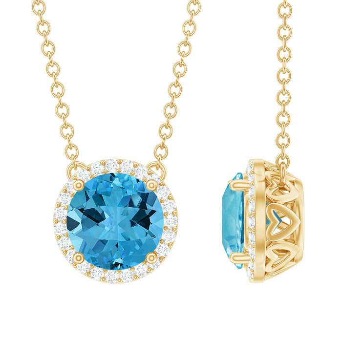 Natural 1.5 carat Swiss Blue Topaz pendant necklace with diamond halo from Rosec Jewels, featuring a sparkling blue gemstone and elegant design.