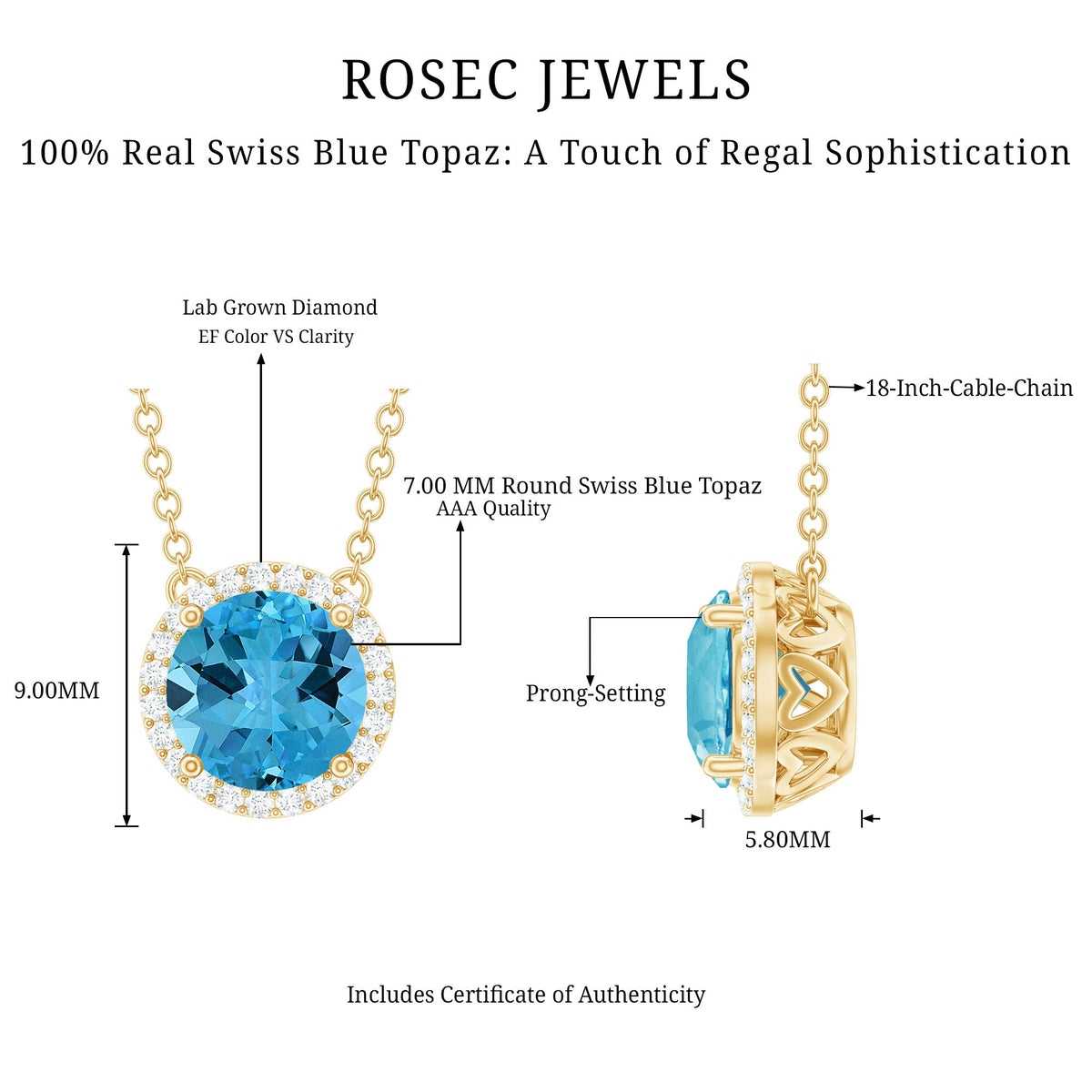 Natural 1.5 carat Swiss Blue Topaz pendant necklace with diamond halo, featuring a delicate chain and Rosec Jewels branding.