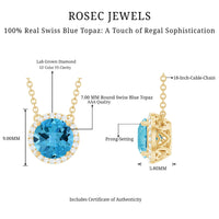 Natural 1.5 carat Swiss Blue Topaz pendant necklace with diamond halo, featuring a delicate chain and Rosec Jewels branding.