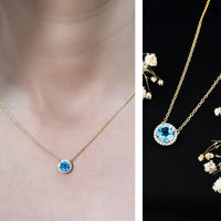 Natural 1.5 Carat Swiss Blue Topaz pendant necklace with diamond halo, featuring a rose gold chain from Rosec Jewels.
