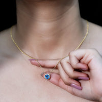 Natural 1.5 carat Swiss Blue Topaz pendant necklace with diamond halo, featuring a Rosec Jewels chain and elegant design.