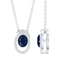 Certified Oval Shape Blue Sapphire Diamond Pendant Necklace with Chain