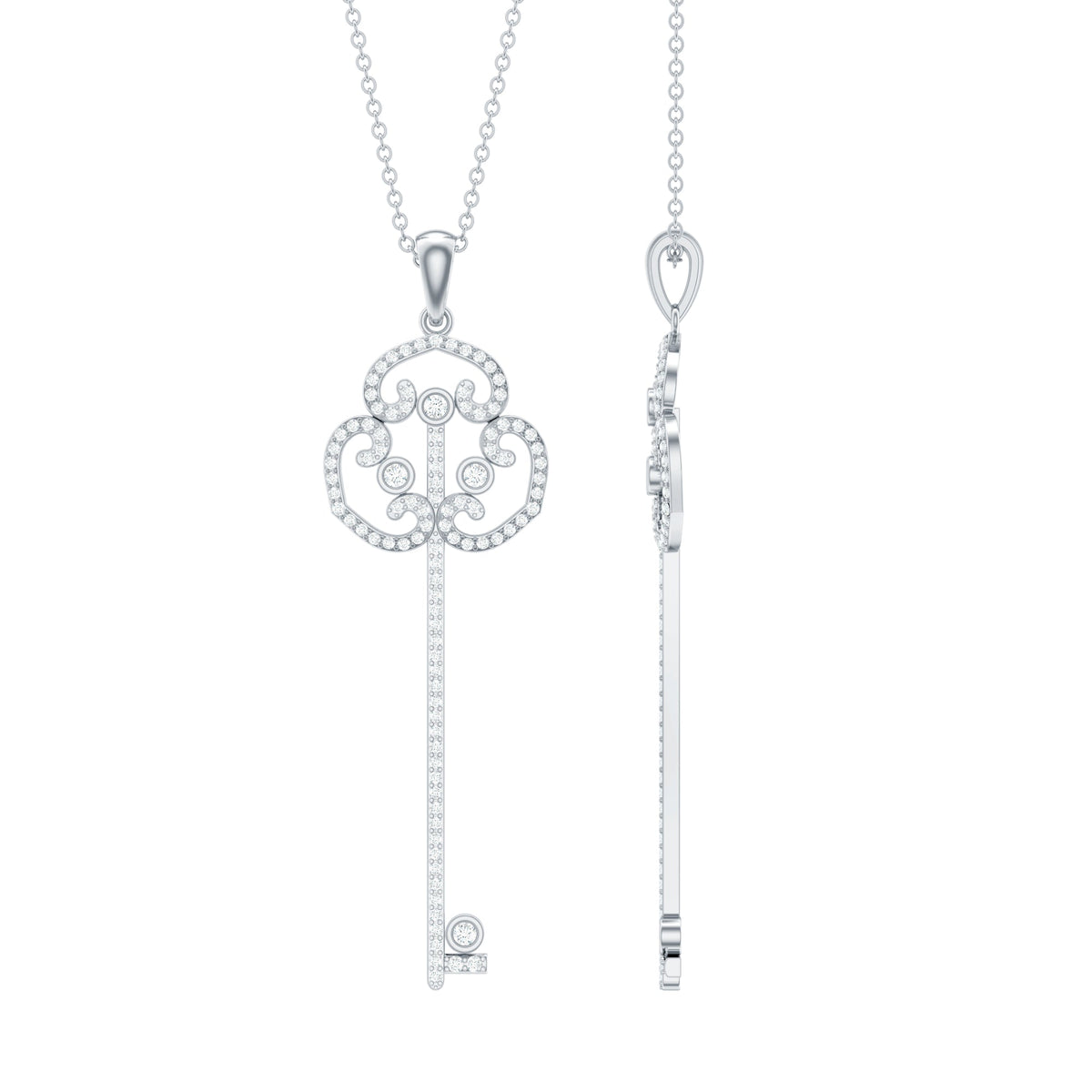 Vintage Moissanite key pendant necklace from Rosec Jewels featuring a sparkling moissanite stone in a detailed antique-style design.