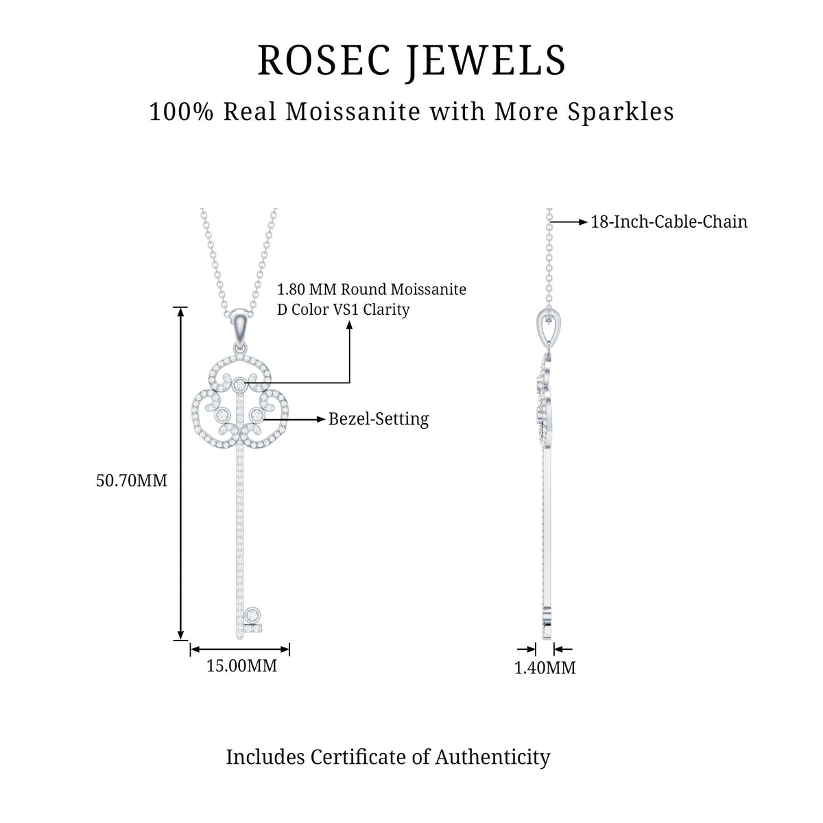 Vintage Moissanite key pendant necklace by Rosec Jewels featuring a sparkling moissanite stone and intricate design.
