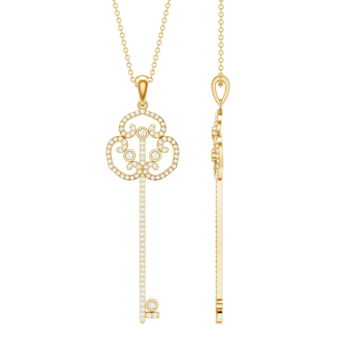 Vintage moissanite key pendant necklace by Rosec Jewels featuring a sparkling moissanite stone on a delicate chain