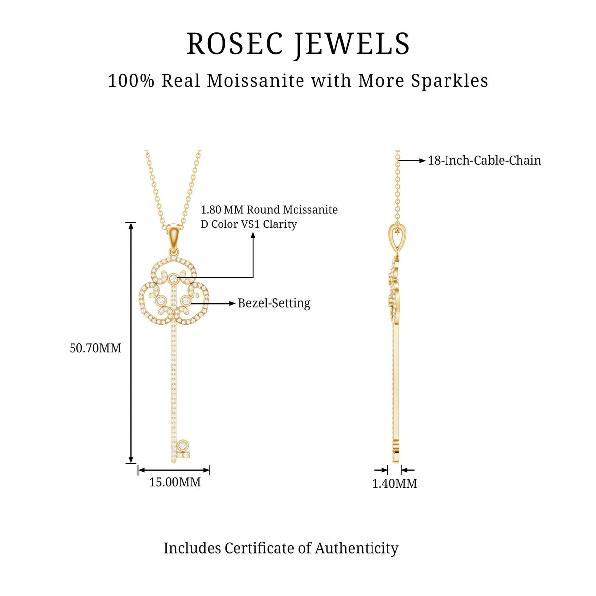 Vintage Moissanite key pendant necklace by Rosec Jewels featuring a sparkling moissanite gemstone on a delicate chain.