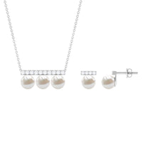 11.75 CT Freshwater Pearl Classic Three Stone Bar jewelry Set with Diamond