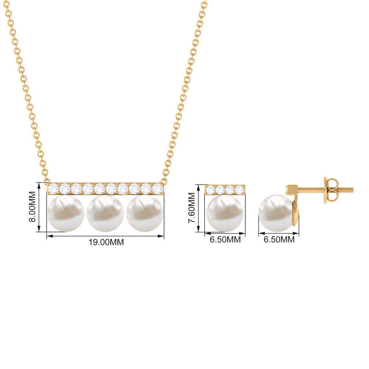 11.75 CT Freshwater Pearl Classic Three Stone Bar jewelry Set with Diamond