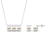 11.75 CT Freshwater Pearl Classic Three Stone Bar jewelry Set with Diamond