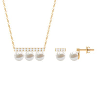11.75 CT Freshwater Pearl Classic Three Stone Bar jewelry Set with Diamond