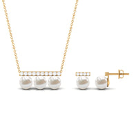 11.75 CT Freshwater Pearl Classic Three Stone Bar jewelry Set with Diamond
