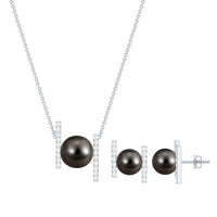 Genuine Black Tahitian Pearl Necklace and Earrings Set with Moissanite