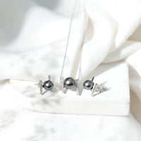 Genuine Black Tahitian Pearl Necklace and Earrings Set with Moissanite
