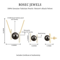 Genuine Black Tahitian Pearl Necklace and Earrings Set with Moissanite