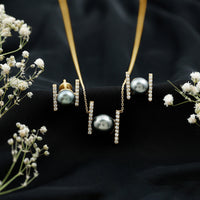 Genuine Black Tahitian Pearl Necklace and Earrings Set with Moissanite