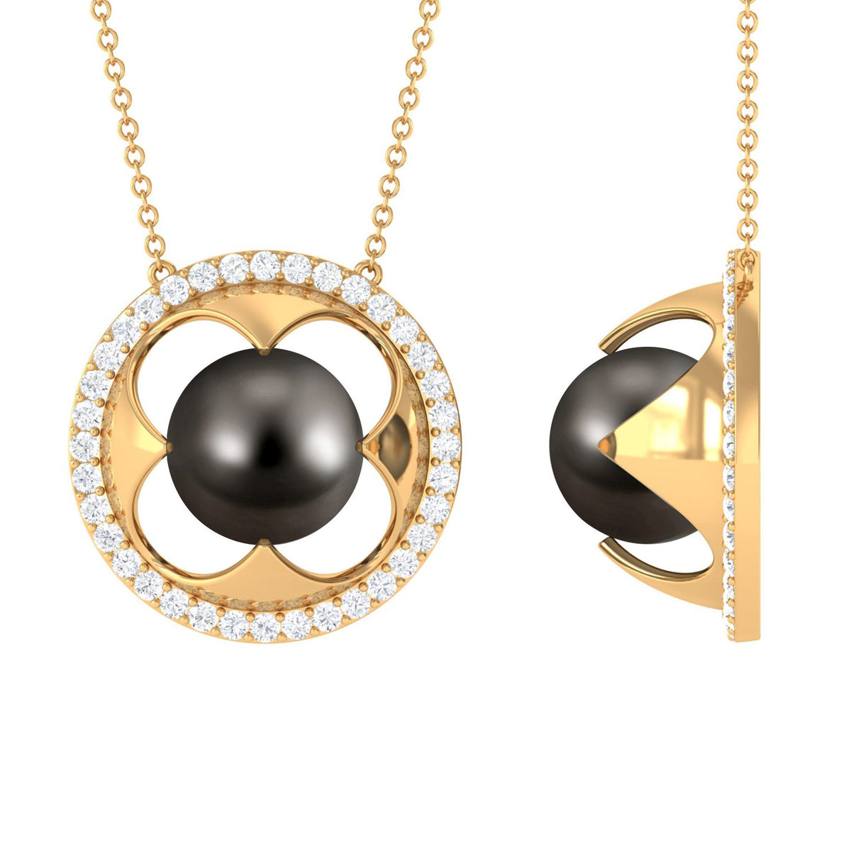 8.50 CT Solitaire Tahitian Pearl and Diamond Flower Necklace