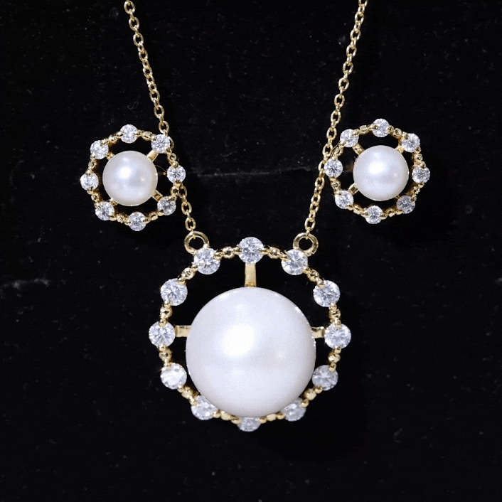 Rosec Jewels freshwater pearl jewelry set with halo necklace and earrings, featuring genuine pearls and a certification.