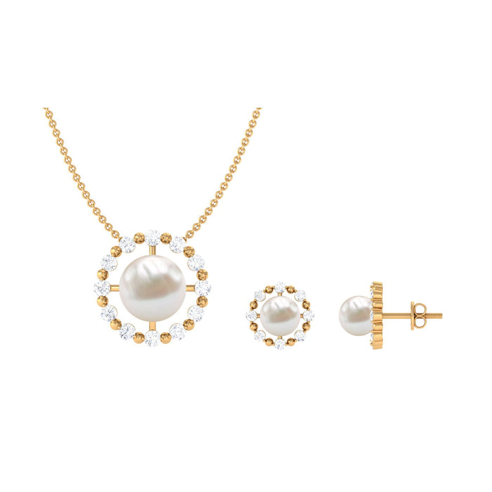 Genuine freshwater pearl halo necklace and earrings jewelry set by Rosec Jewels with certificate, featuring elegant pearl designs and silver accents.
