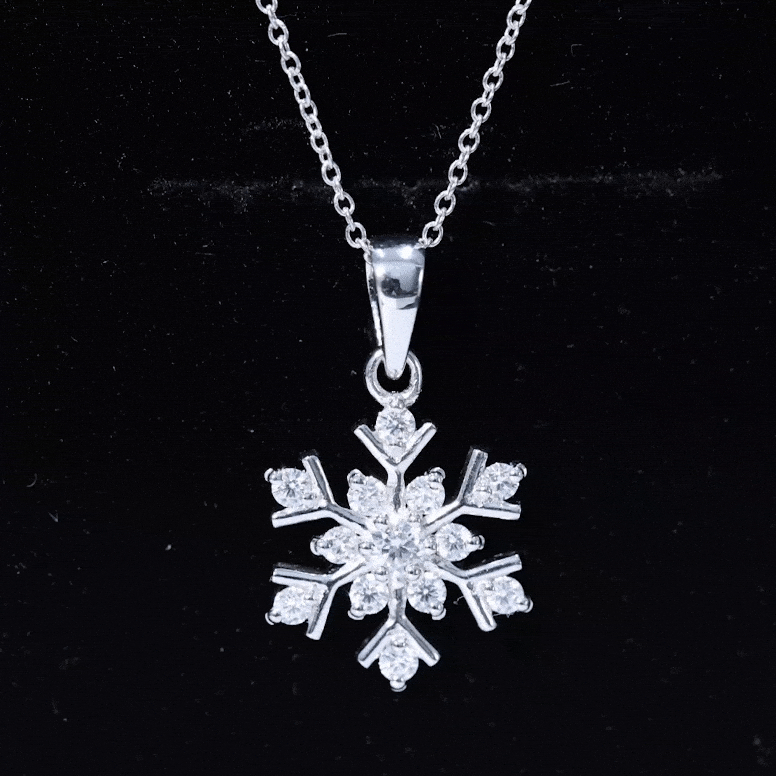 Certified Moissanite snowflake silver pendant in a 2-prong setting, featuring intricate snowflake design, by Rosec Jewels.