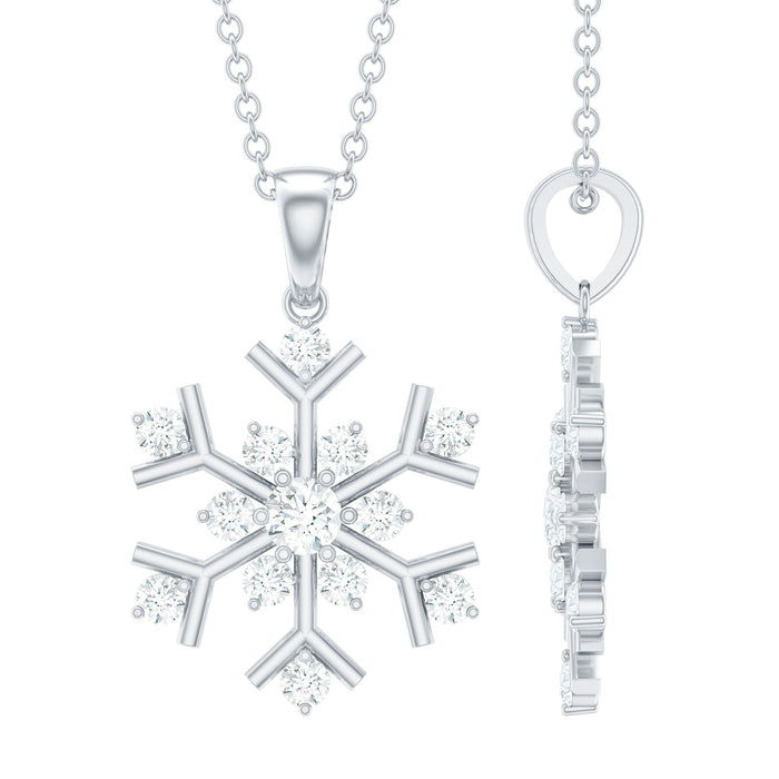 Silver snowflake pendant with certified moissanite in a 2-prong setting, showcasing intricate design and sparkling gemstone.