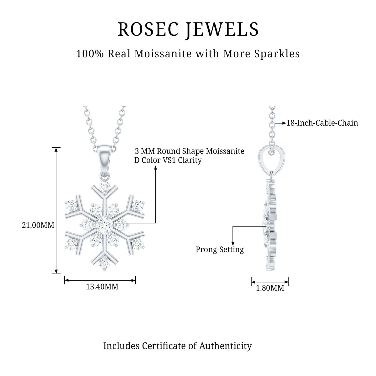 Certified Moissanite Snowflake Silver Pendant in 2 Prong Setting