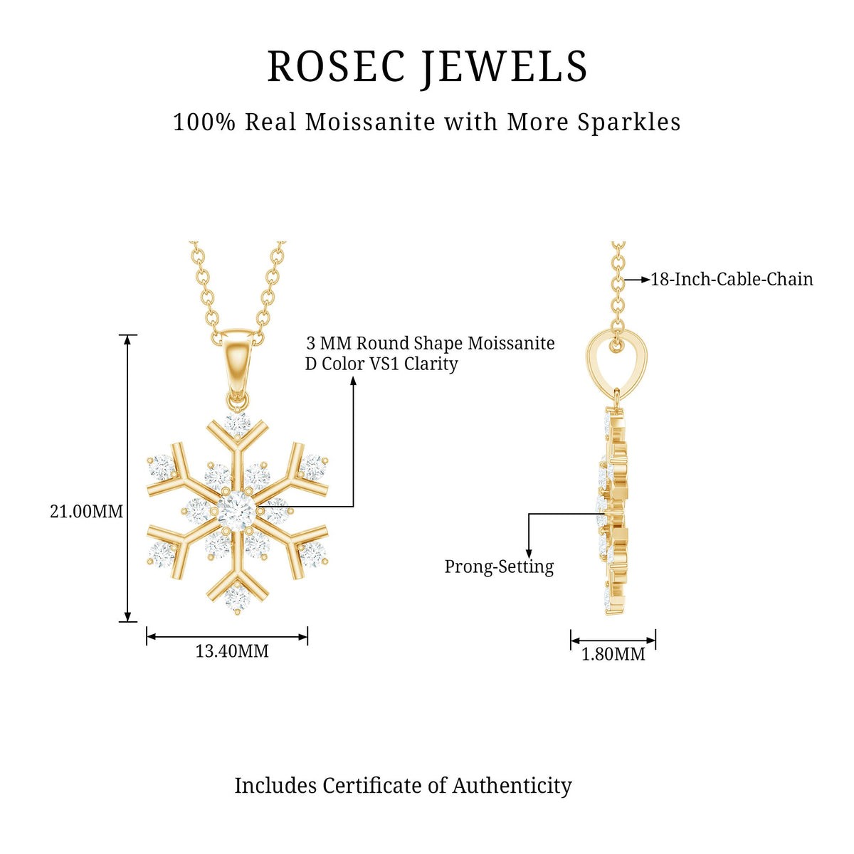 Certified Moissanite Snowflake Pendant Necklace for Women
