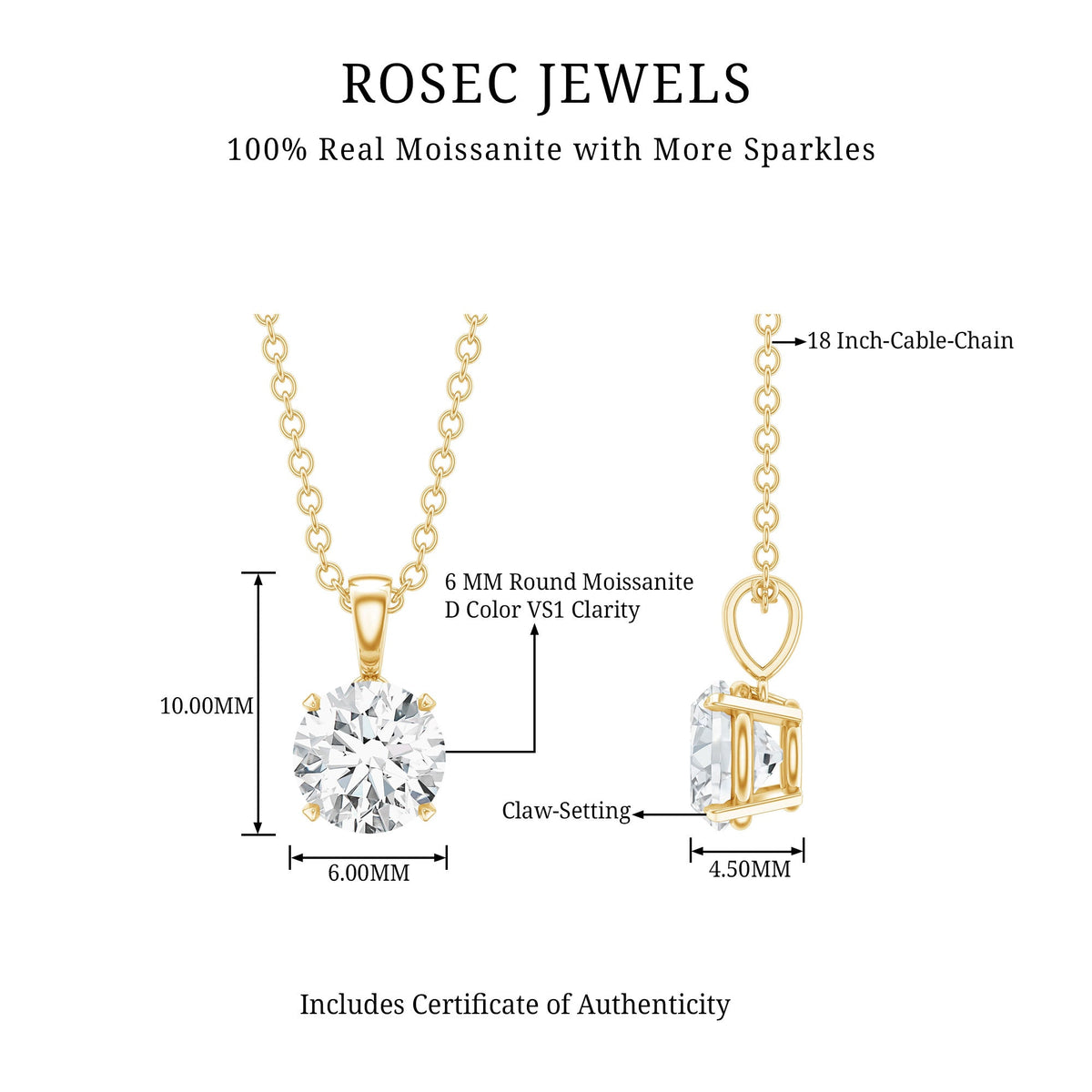 1 CT Certified Moissanite Solitaire Pendant in Claw Set