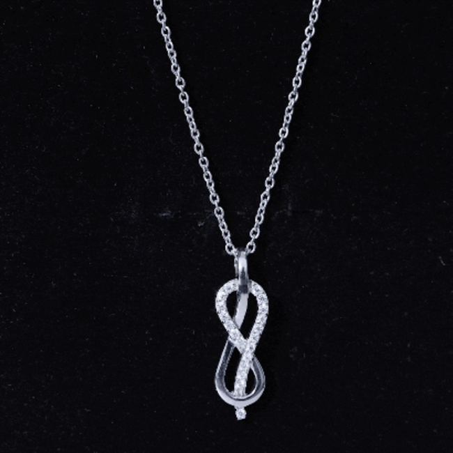 Certified Moissanite Infinity Pendant Necklace with chain featuring sparkling white moissanite and polished silver-tone finish.