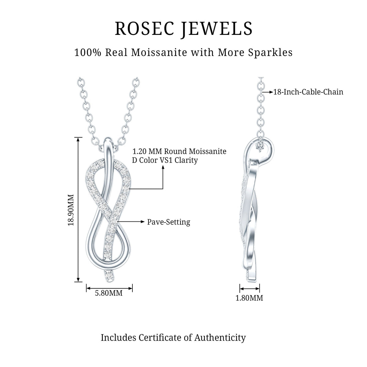 Certified Moissanite Infinity Pendant Necklace with Chain