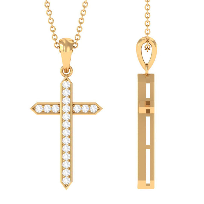 Round moissanite cross pendant necklace with silver chain from Rosec Jewels, showcasing elegant jewelry design.