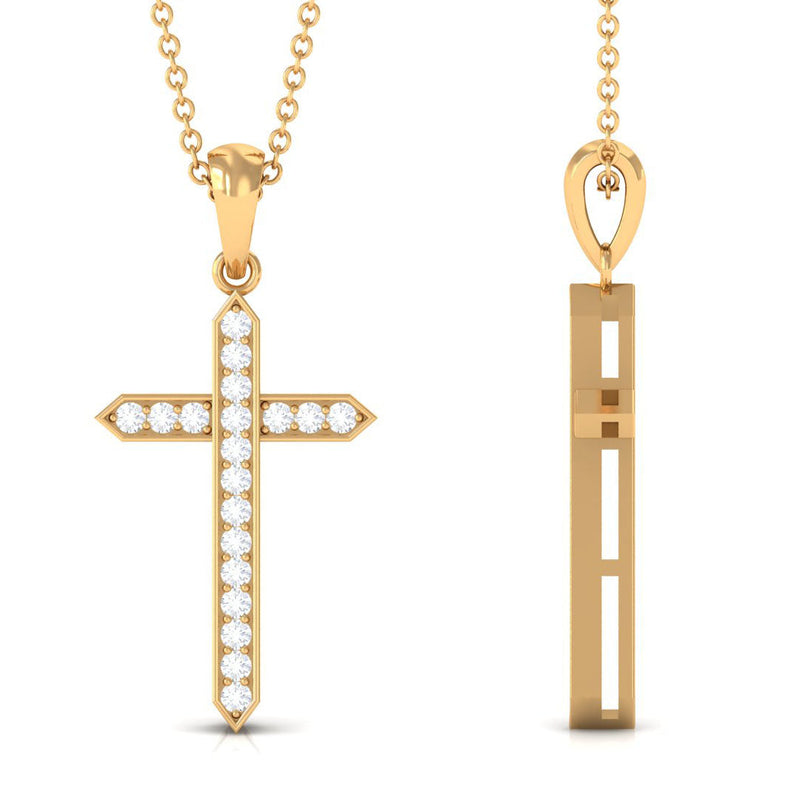 Round moissanite cross pendant necklace from Rosec Jewels featuring a sparkling circular moissanite stone and silver chain.
