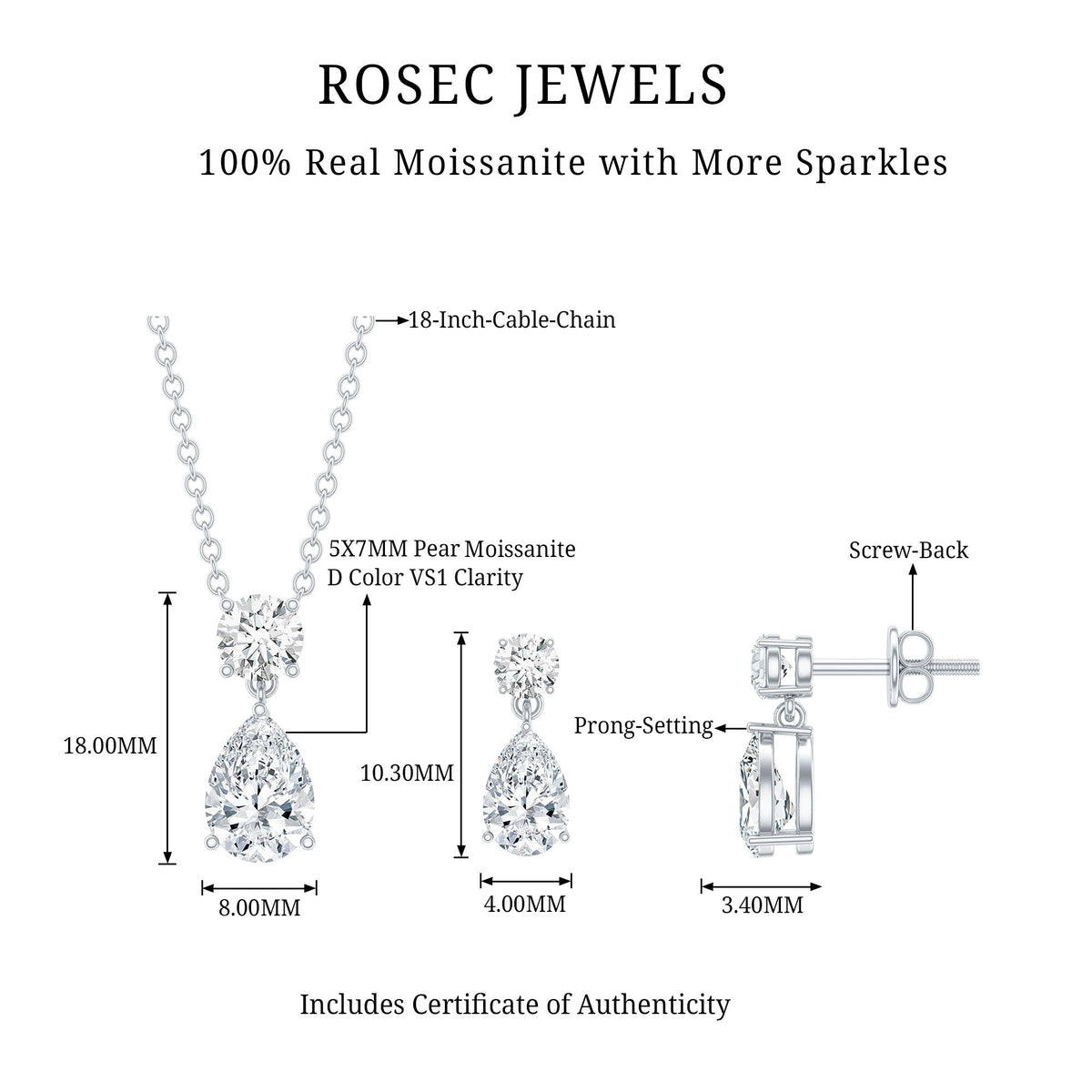 2.5 CT Moissanite Teardrop Two Stone Jewelry Set