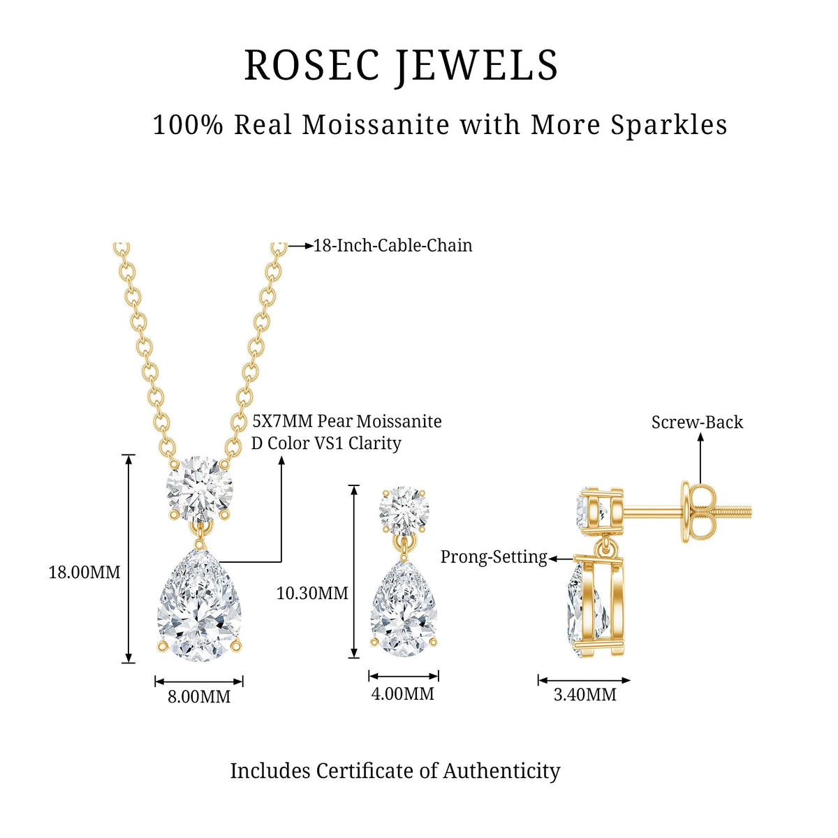 2.5 CT Moissanite Teardrop Two Stone Jewelry Set